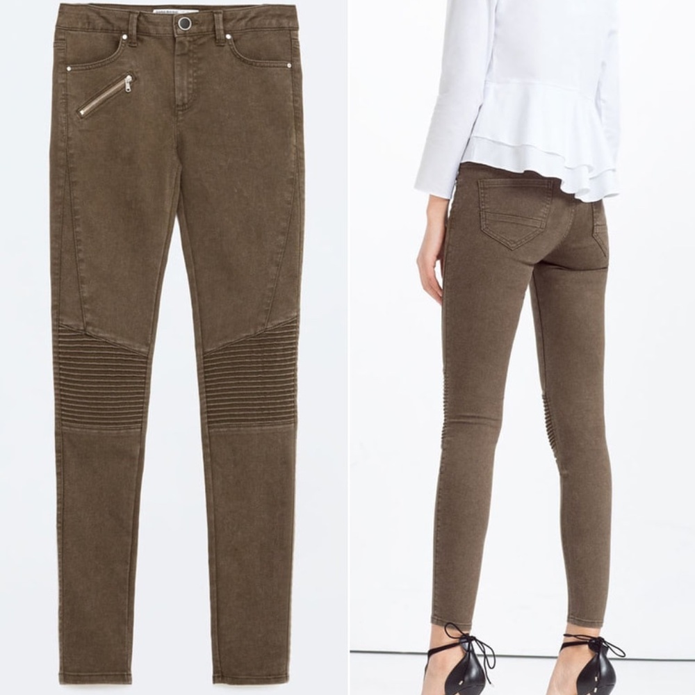 Zara Skinny Mid-Rise Moto Jeans in Khaki size 8 ASO Kate Middleton Royal